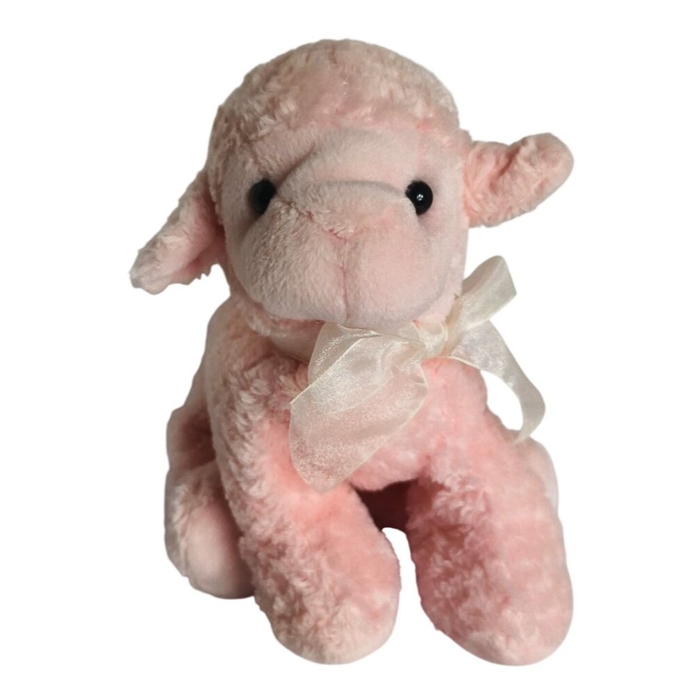 Jerry Elsner Plush Lamb Pink Sherpa 8.5" Stuffed Animal White Sheer Bow  Vtg Htf